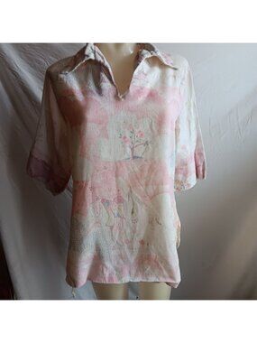 Large Vintage Peasant Top 70's Women's Print Pink Print Blouse Collar Distress